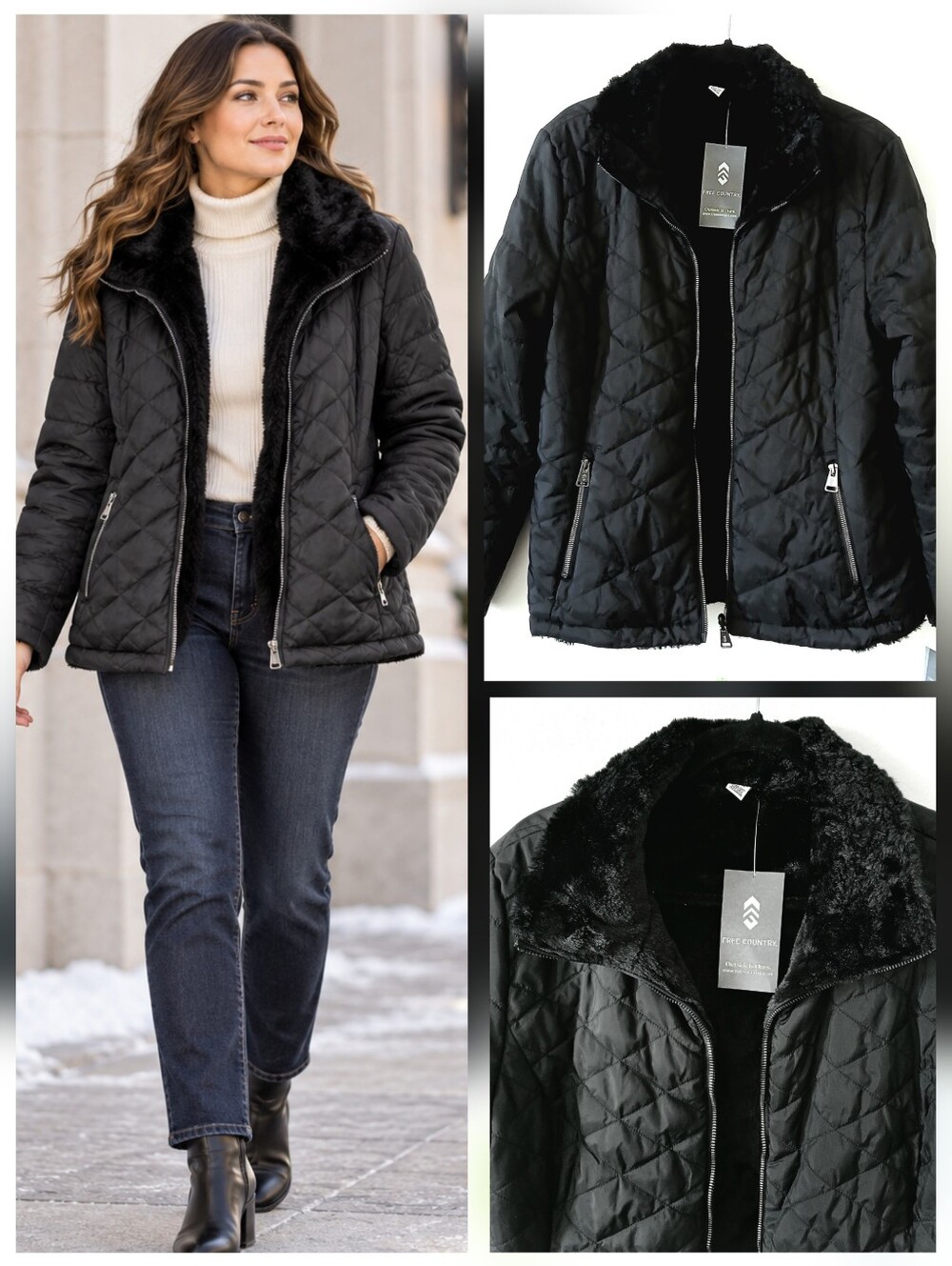 NWT Free Country Womens Black Wind Resist Quilted Plush Reversible Jacket Size L